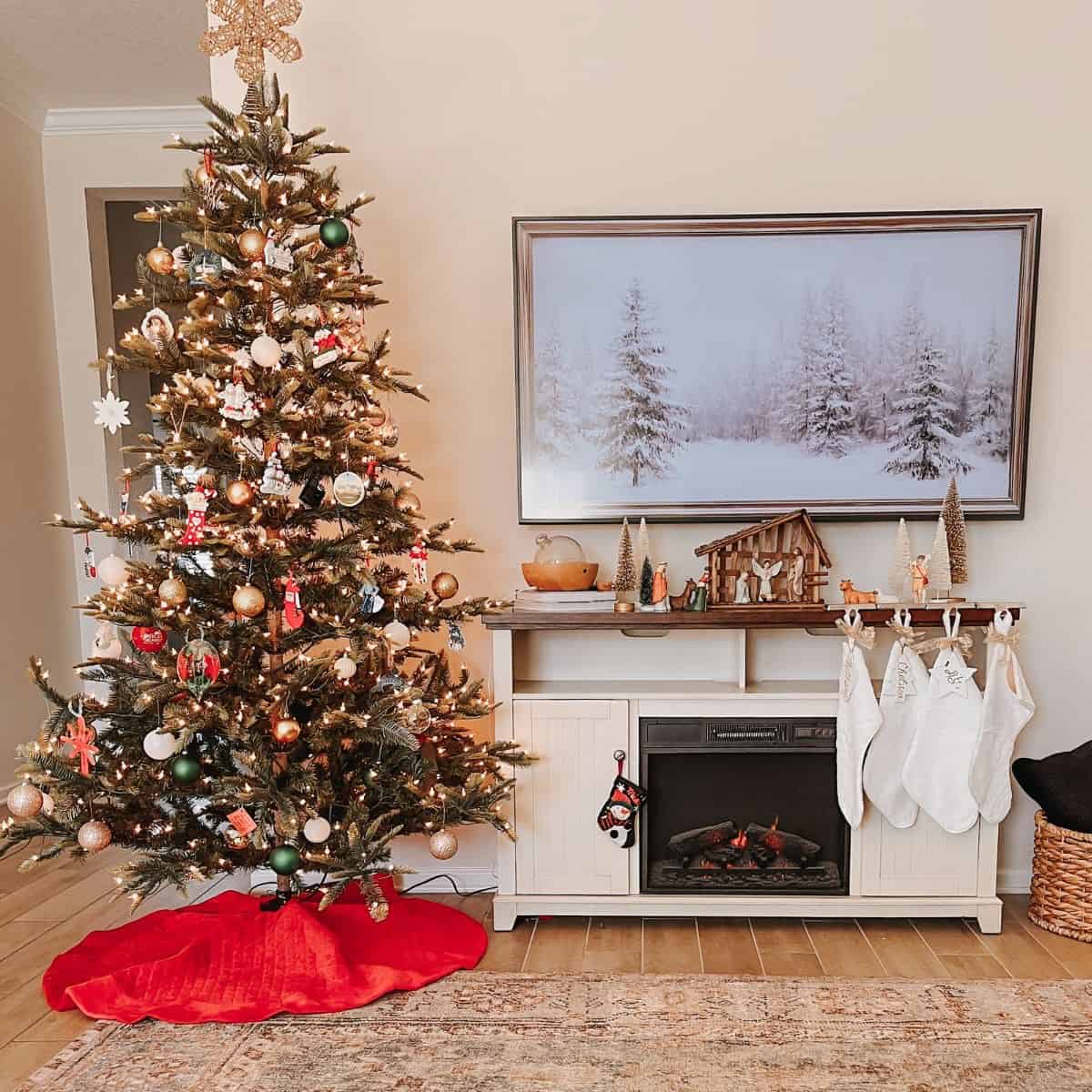 Cozy holiday home with Christmas tree and fireplace mantle.