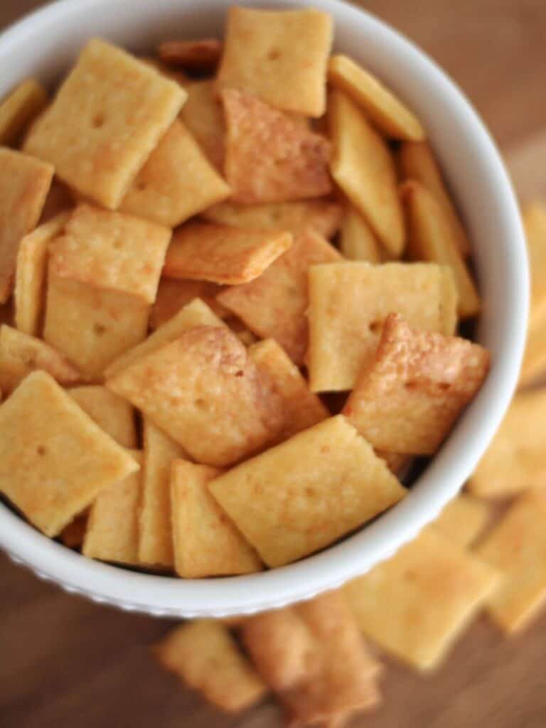 Easy Homemade Cheese Crackers in a white bowl ready to eat. 
