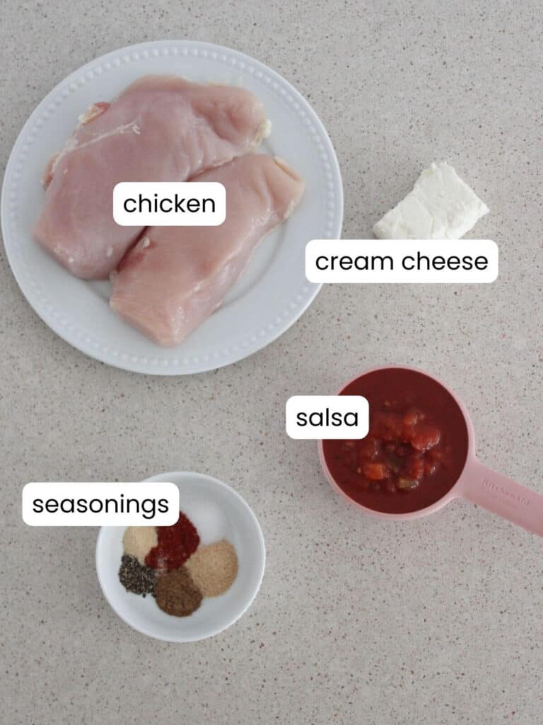chicken breasts, cream cheese, seasonings, and salsa flatlay for the ingredients needed to make the recipe.