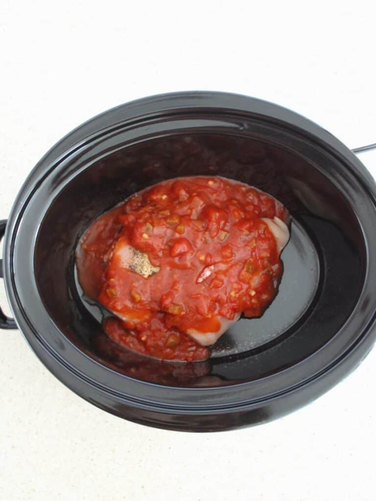 salsa, seasonings and chicken added to a crockpot.